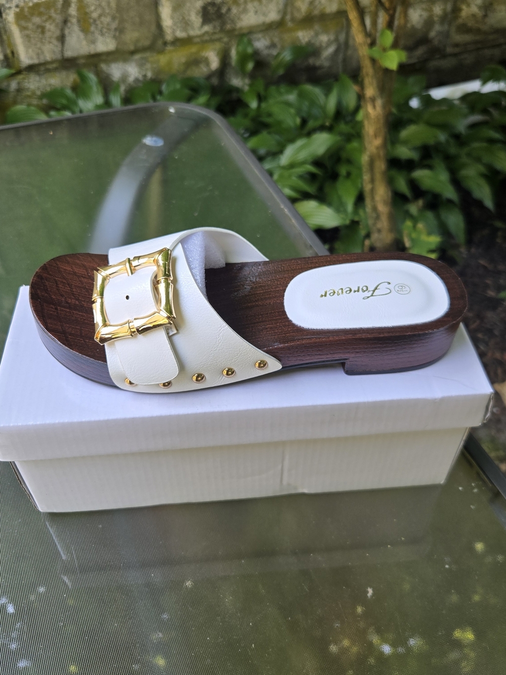 Forever 21 White Leather Slide Sandals with Gold Buckle